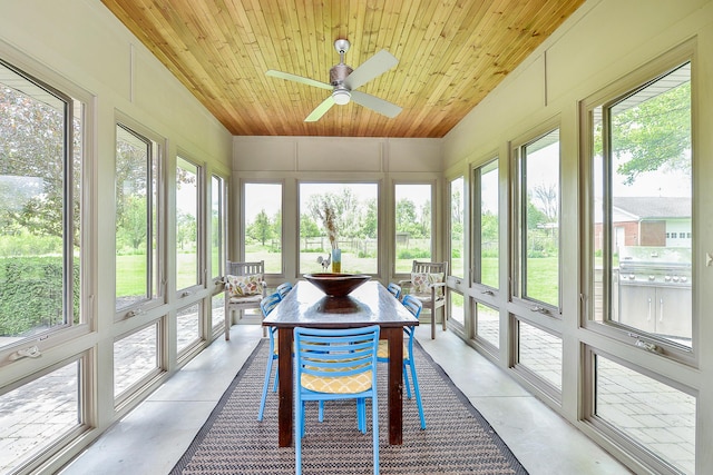 sunroom with wood ceiling, a wealth of natural light, and ceiling fan