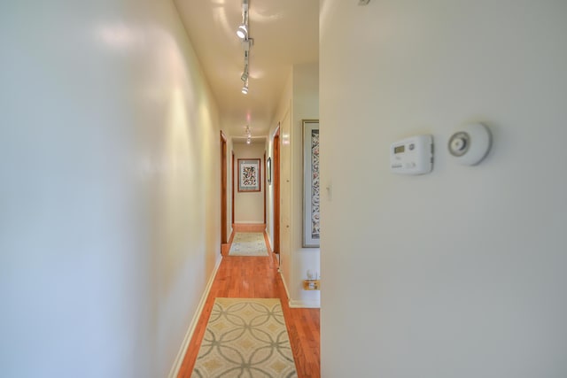 hall with light wood-type flooring, baseboards, and rail lighting