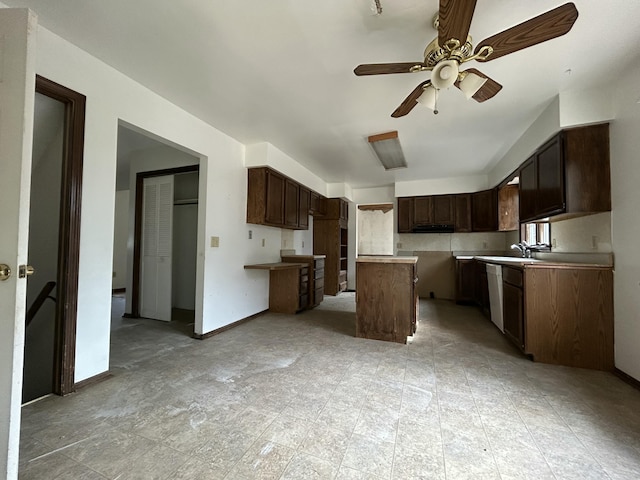 kitchen with dark brown cabinets, dishwasher, baseboards, and ceiling fan