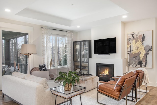 living area with a glass covered fireplace, a raised ceiling, wood finished floors, and recessed lighting