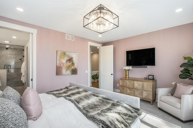 bedroom featuring recessed lighting, visible vents, and a chandelier