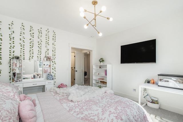 bedroom with baseboards, a notable chandelier, and carpet