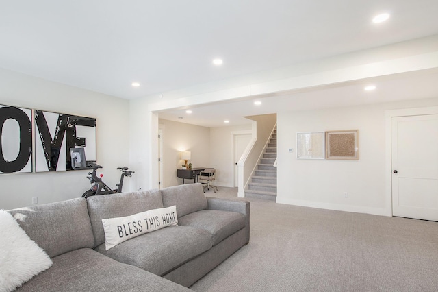 living room featuring light carpet, stairway, recessed lighting, and baseboards