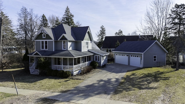 view of front facade featuring covered porch, aphalt driveway, a shingled roof, and an outbuilding