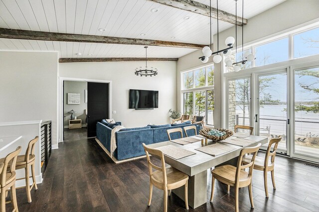 7505 S Lakeshore Dr, Pentwater, MI 49449 - dining space featuring wood ceiling, beam ceiling, and dark wood finished floors
