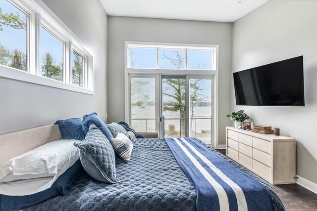 7505 S Lakeshore Dr, Pentwater, MI 49449 - bedroom featuring multiple windows, baseboards, access to outside, and dark wood finished floors