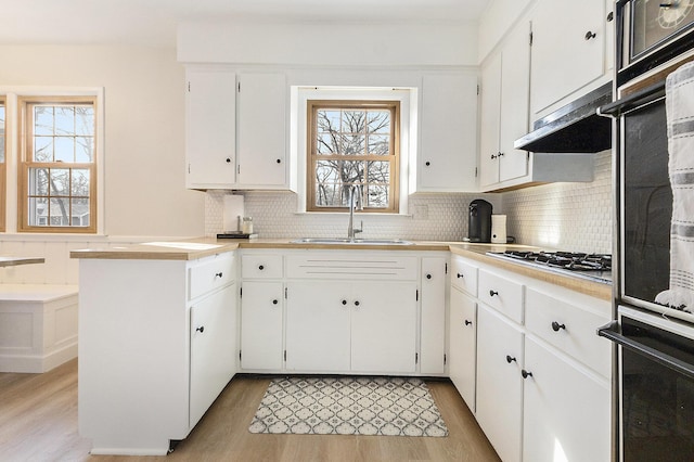 kitchen featuring a sink, plenty of natural light, under cabinet range hood, and oven