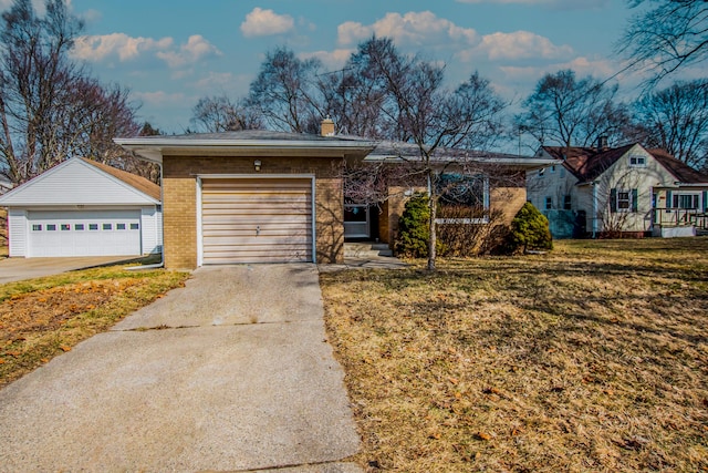 ranch-style house with a front yard, a garage, brick siding, and a chimney