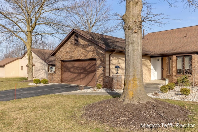 view of front of house featuring brick siding, an attached garage, a shingled roof, and driveway