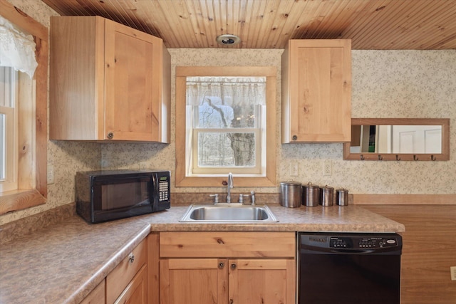 kitchen featuring light brown cabinetry, wooden ceiling, black appliances, and a sink