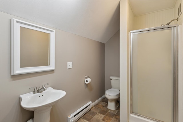 bathroom featuring a stall shower, toilet, baseboards, and a baseboard radiator