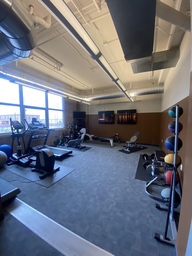 exercise room with carpet flooring