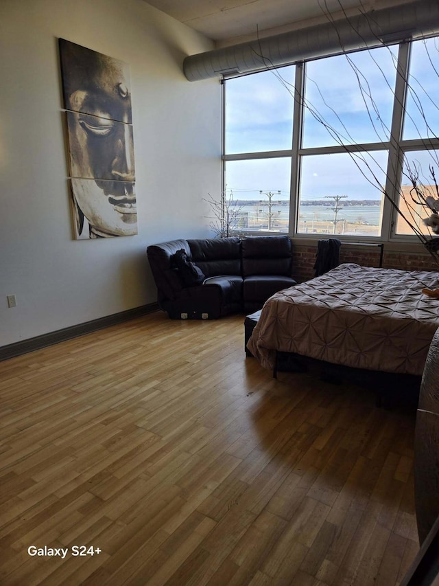 bedroom featuring multiple windows, wood finished floors, and baseboards