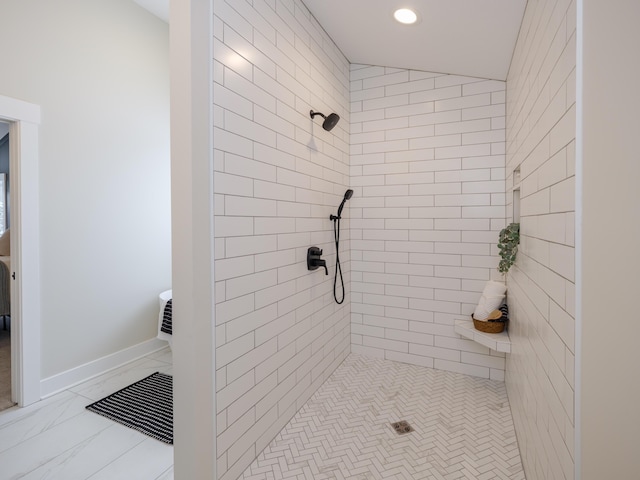 2613 Ashford Trl, Portage, MI 49024 - full bathroom with marble finish floor, baseboards, tiled shower, and recessed lighting