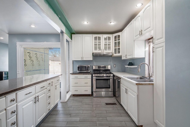 kitchen featuring a sink, white cabinets, under cabinet range hood, and appliances with stainless steel finishes