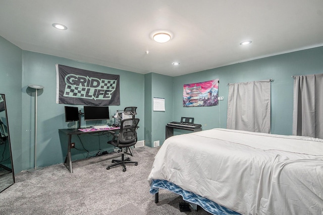 carpeted bedroom with recessed lighting