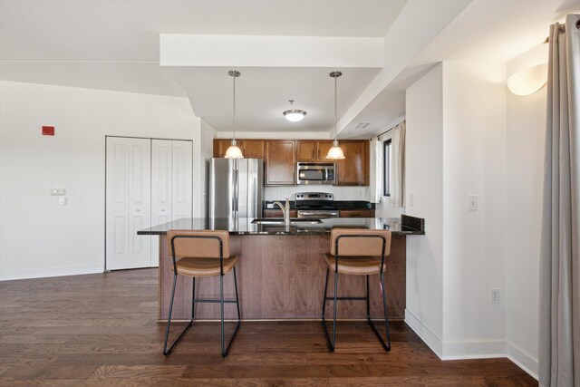 111 N Ashley St Unit 510, Ann Arbor, MI 48104 - kitchen with a sink, brown cabinets, appliances with stainless steel finishes, a peninsula, and dark wood-style flooring