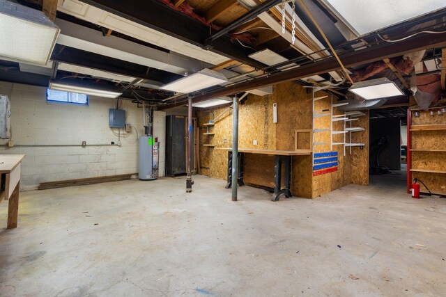 below grade area with electric panel and gas water heater