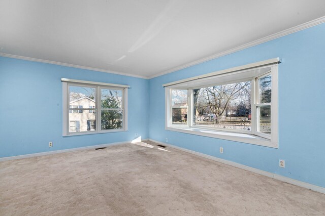 carpeted empty room featuring baseboards and ornamental molding