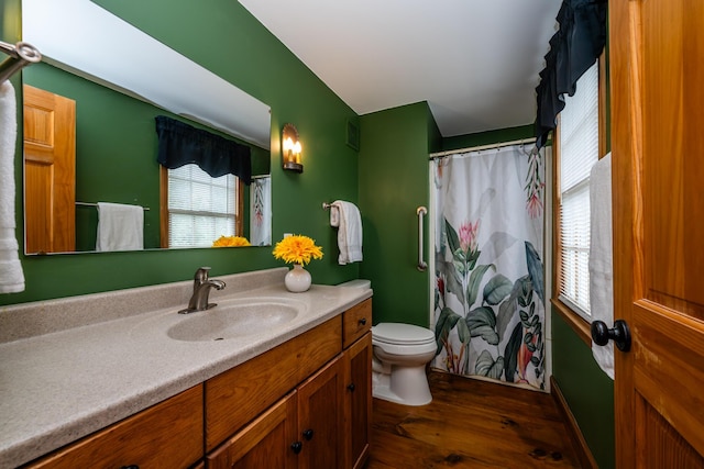bathroom featuring a wealth of natural light, toilet, vanity, and wood finished floors