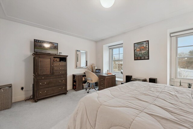 bedroom with light carpet and baseboards