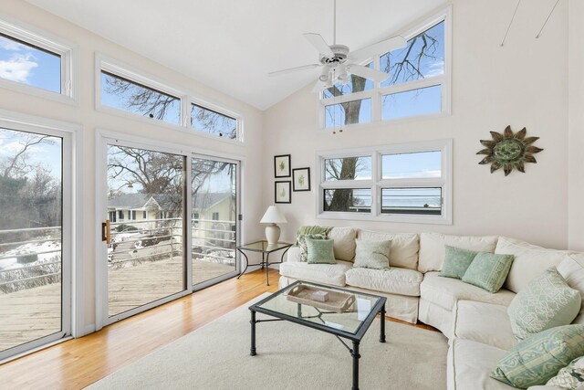 2019 Silvertip Ln, Long Beach, IN 46360 - living room featuring ceiling fan, high vaulted ceiling, and wood finished floors