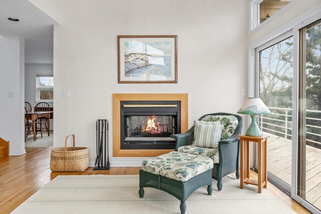 2019 Silvertip Ln, Long Beach, IN 46360 - sitting room with baseboards, a lit fireplace, and wood finished floors