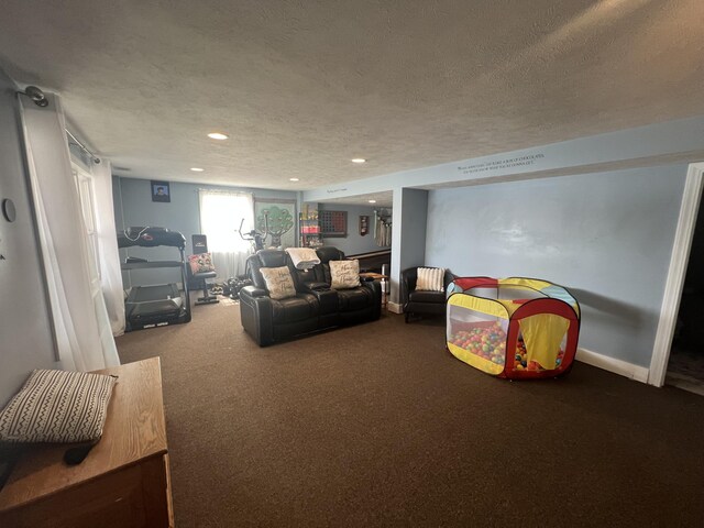 2772 S Wisner Ave, Fremont, MI 49412 - carpeted living room featuring recessed lighting, a textured ceiling, and baseboards