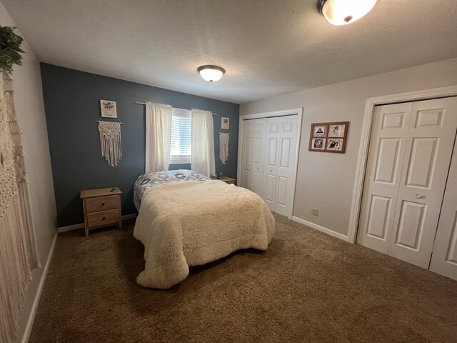 2772 S Wisner Ave, Fremont, MI 49412 - bedroom featuring baseboards, multiple closets, carpet floors, and a textured ceiling
