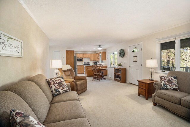 living area with light colored carpet and ornamental molding