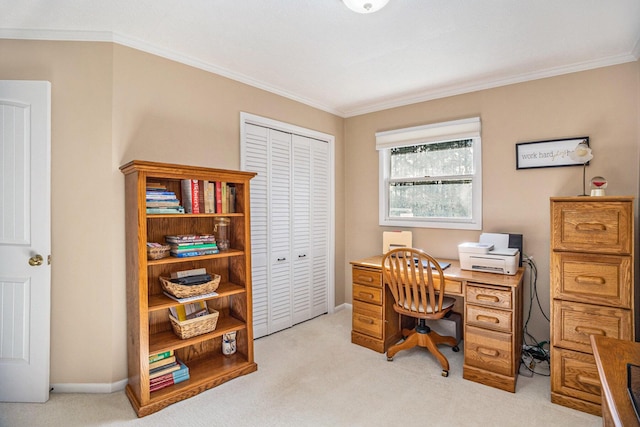 office area featuring light carpet and crown molding