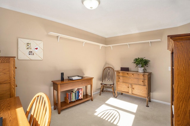 sitting room featuring light colored carpet, crown molding, and baseboards