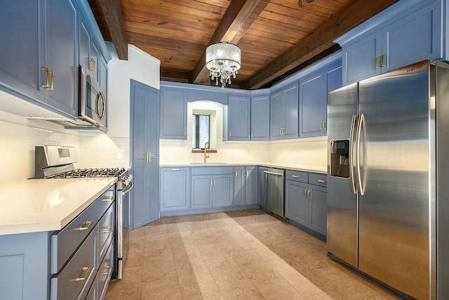 426 Elizabeth St, Buchanan, MI 49107 - kitchen with wooden ceiling, stainless steel appliances, backsplash, a sink, and beamed ceiling