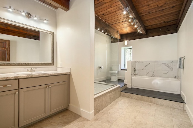 426 Elizabeth St, Buchanan, MI 49107 - bathroom featuring beamed ceiling, toilet, wood ceiling, and a bath