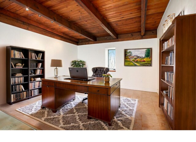 426 Elizabeth St, Buchanan, MI 49107 - home office featuring baseboards, beamed ceiling, and wooden ceiling