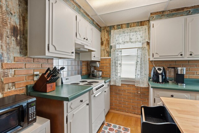 1169 Shady Shores Dr, Niles, MI 49120 - kitchen featuring black microwave, under cabinet range hood, light wood-style flooring, white electric range oven, and white cabinets