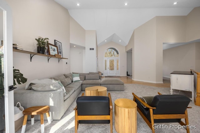 7834 Strawberry Ln NE, Belmont, MI 49306 - living area with recessed lighting, visible vents, and high vaulted ceiling