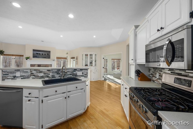 7834 Strawberry Ln NE, Belmont, MI 49306 - kitchen featuring a tray ceiling, light wood-style flooring, white cabinets, stainless steel appliances, and a sink