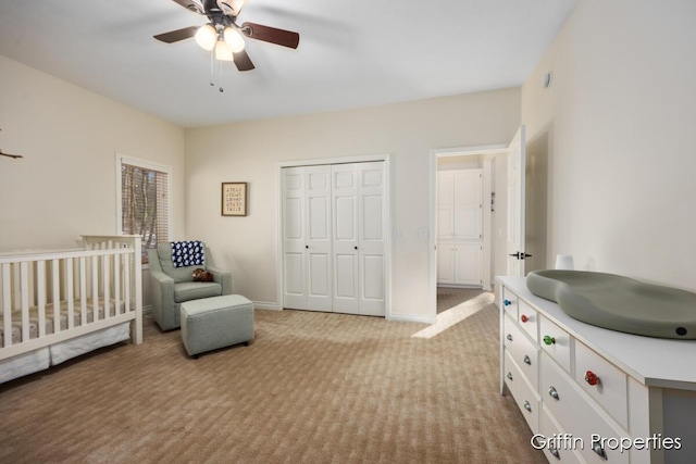 7834 Strawberry Ln NE, Belmont, MI 49306 - bedroom featuring a ceiling fan, baseboards, a closet, and light carpet
