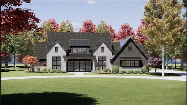 2742 S Custer Rd, Monroe, MI 48161 - exterior space with stone siding, metal roof, a standing seam roof, and a front yard