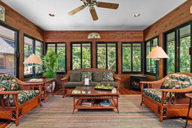 4923 Hickory Hill Rd, Ann Arbor, MI 48105 - sunroom / solarium with a wealth of natural light, wood walls, a wood stove, and recessed lighting