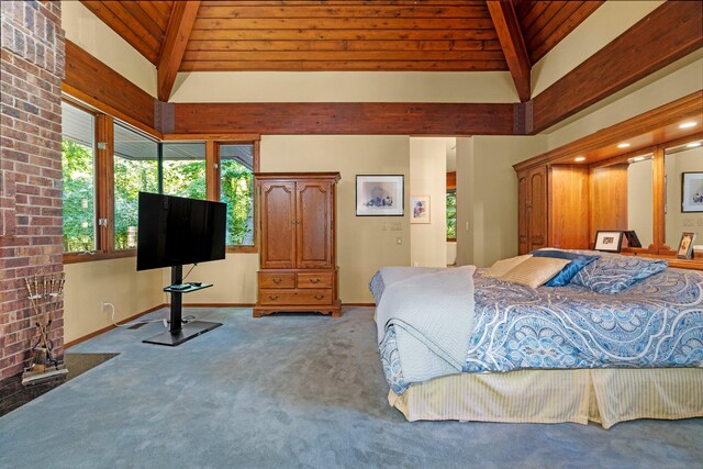 4923 Hickory Hill Rd, Ann Arbor, MI 48105 - bedroom with baseboards, beamed ceiling, wood ceiling, and carpet