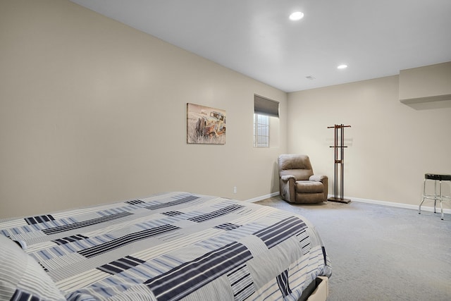 bedroom featuring recessed lighting, baseboards, and carpet flooring