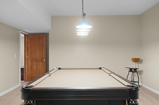 recreation room with pool table, baseboards, and light carpet