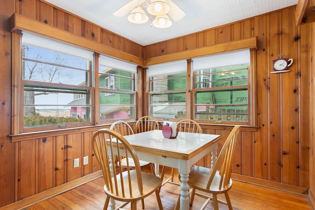 36.5 Lake Shore Dr, South Haven, MI 49090 - dining area with light wood-style floors, wood walls, and a ceiling fan