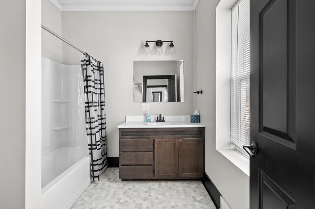 816 7th St, Three Rivers, MI 49093 - full bathroom featuring vanity, crown molding, shower / bath combo, and baseboards