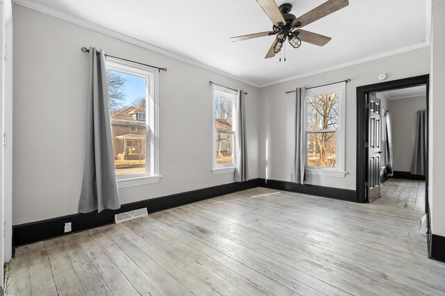 816 7th St, Three Rivers, MI 49093 - empty room with light wood finished floors, visible vents, baseboards, ornamental molding, and a ceiling fan