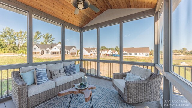 1303 Gallery Pointe Dr, Saline, MI 48176 - sunroom with an outdoor hangout area, a residential view, and ceiling fan