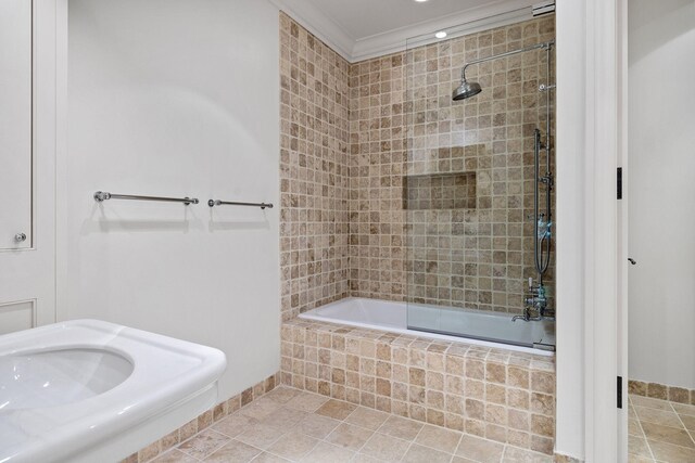 5716 E 1000 N, La Porte, IN 46350 - full bathroom featuring ornamental molding, tiled shower / bath, and tile patterned flooring