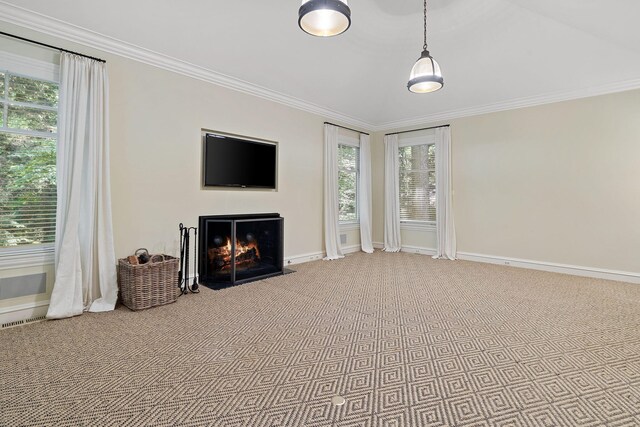5716 E 1000 N, La Porte, IN 46350 - unfurnished living room with a fireplace with flush hearth, visible vents, carpet, and crown molding